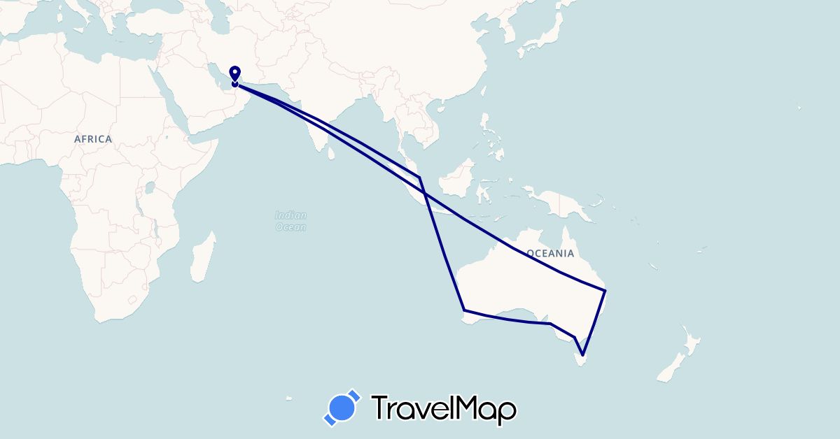 TravelMap itinerary: driving in United Arab Emirates, Australia, Singapore (Asia, Oceania)